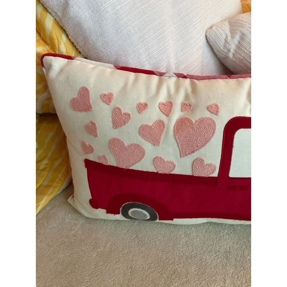 Red Canvas Pickup Truck Plaid Oblong Throw Accent Pillow ~Hearts 21